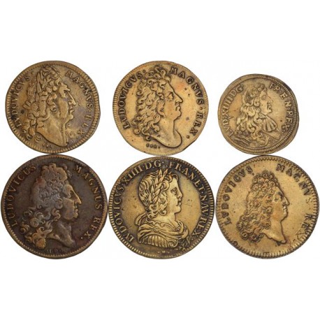 Lot de 6 jetons royaux en cuivre (Louis XIV)